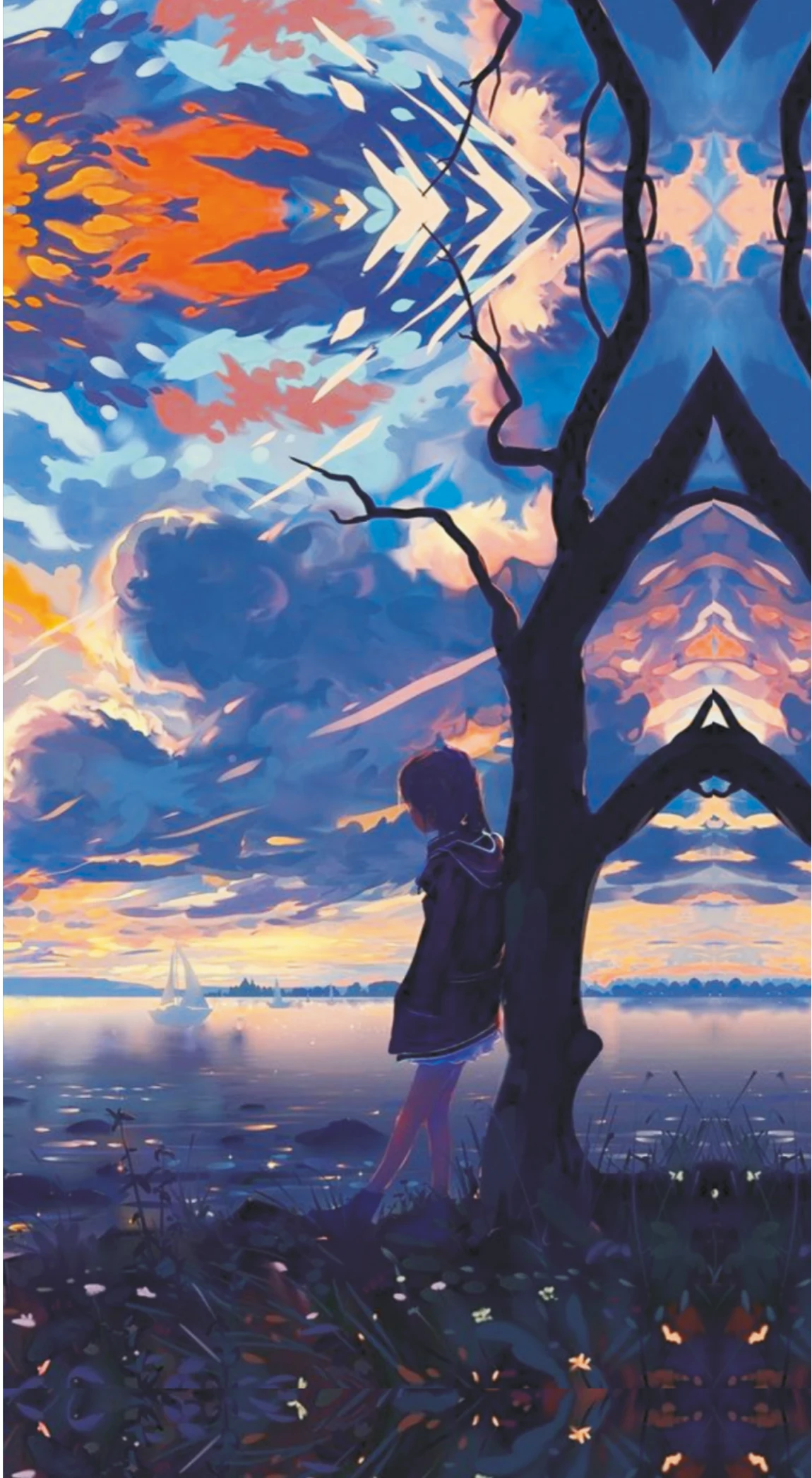 Anime Horizon Sunset Tree & Lonely Ocean