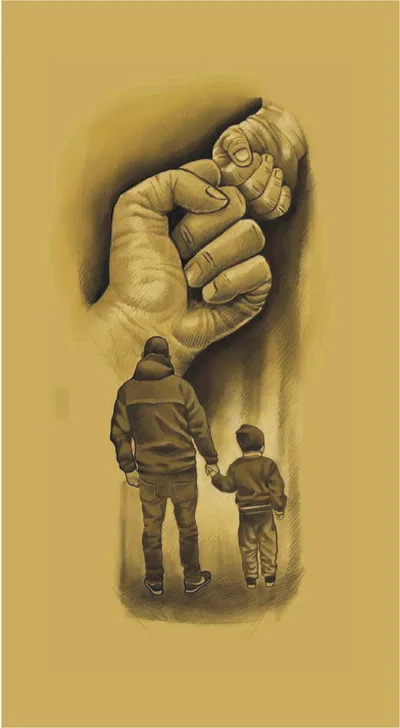 Father & Son Walking Hand in Hand Sketch